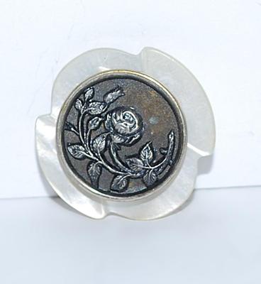 Metal "Rose & Branch" BUTTON Style BROOCH (1½" Diam.) on a White Acrylic Base & Silver Tone Pin Clasp