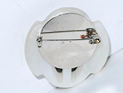 Metal "Rose & Branch" BUTTON Style BROOCH (1½" Diam.) on a White Acrylic Base & Silver Tone Pin Clasp