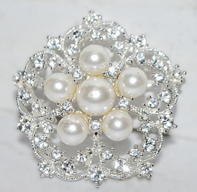 Circle of 6 Faux White PEARLS BROOCH (1¾" Diam.) and a Glitter of Stones Surround on a Silver Tone Wire-Style Setting