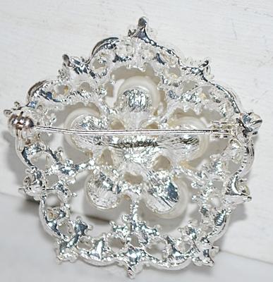Circle of 6 Faux White PEARLS BROOCH (1¾" Diam.) and a Glitter of Stones Surround on a Silver Tone Wire-Style Setting