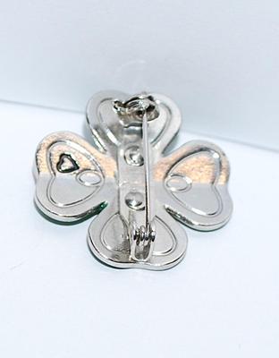 Petite "LADYBUG & CLOVER" BROOCH (1" Diam.) with Bright Green Leaves & Clear Center Stone Accents on a Silver Tone...