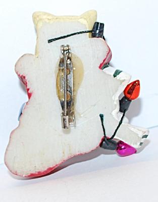Cute "Kitty in a Red Boot" BROOCH (2¼" x 1¾") Entangled in Holiday Lights with Silver Tone Pin
