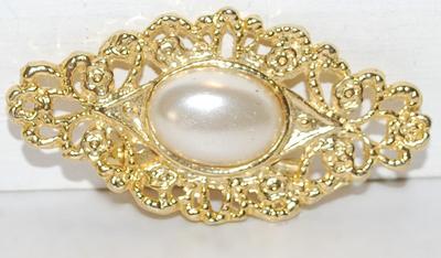 Oval Faux White Pearl BAR BROOCH (2" x 1") with Filigree-Style Side Accents on a Gold Tone Setting