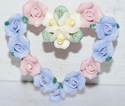 Polymer PINK, BLUE & YELLOW Flowers HEART BROOCH (2" x 2") with Gold Tone Pin