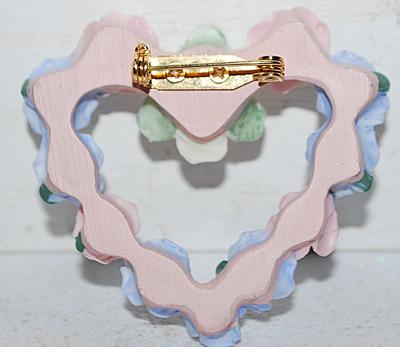 Polymer PINK, BLUE & YELLOW Flowers HEART BROOCH (2" x 2") with Gold Tone Pin