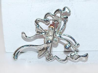 RED Rhinestone Swirled BUTTERFLY BROOCH (2" x 1½") on a Silver Tone Setting