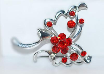 RED Rhinestone Swirled BUTTERFLY BROOCH (2" x 1½") on a Silver Tone Setting