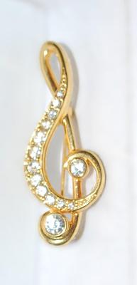 Gold Colored "G-Clef" BROOCH (2" x ¾") with Clear Round Stone Accents on a Gold Tone Setting