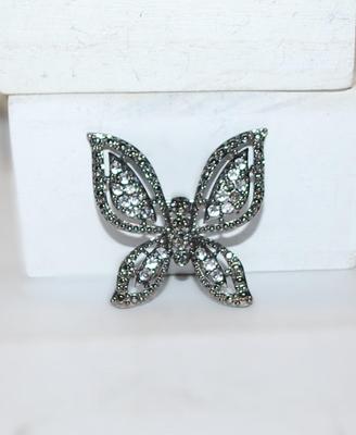 Vintage Style Dark Colored Bejeweled BUTTERFLY BROOCH (1¾" x 1½") on a Silver Tone Setting
