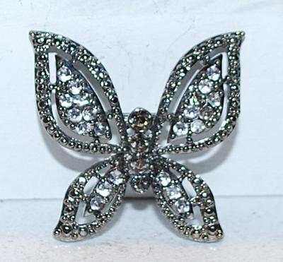 Vintage Style Dark Colored Bejeweled BUTTERFLY BROOCH (1¾" x 1½") on a Silver Tone Setting