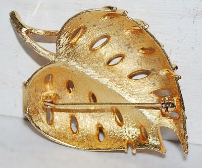 Brushed Gold Colored Perforated LEAF BROOCH (2½" x 1½") on a Solid Gold Tone Setting