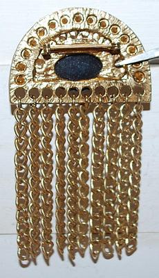 Vintage-Style Half Moon Black Oval Stone BROOCH (3½" x 1¾") with 10 Chain Link Dangles & Gold Tone Setting