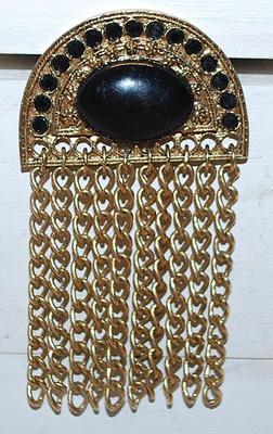 Vintage-Style Half Moon Black Oval Stone BROOCH (3½" x 1¾") with 10 Chain Link Dangles & Gold Tone Setting