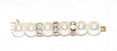 Delicate "Pearls & Diamonds" BROOCH (1¾") with 6 Faux Pearls and 3 Rows of 6 Clear Stones on Gold Tone Wire