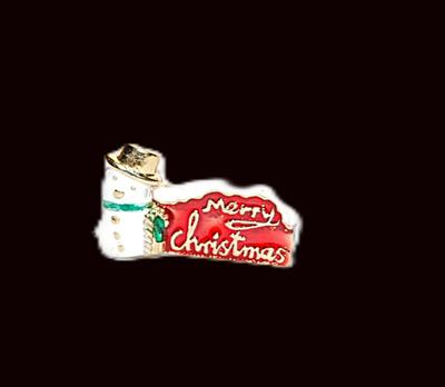 Small Enameled SNOWMAN with Gold Accents BROOCH (1" x ½") with Snow Topped "Merry Christmas" Banner on a Gold Tone...