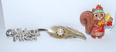 Collection of 3 Assorted BROOCHES - "Children First", Pearl Leaf & Bushy Tail Squirrel