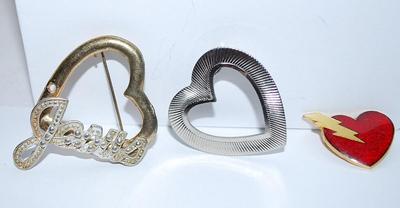 Collection of 3 BROOCHES - "Jesus" Heart, Red Heart & Silver Colored Heart