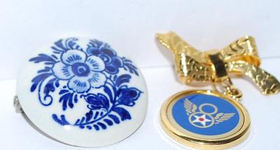 Collection of 2 BROOCHES - "WWII Hap Arnold Ribbon Pin" & Blue "Delft" Style Circle