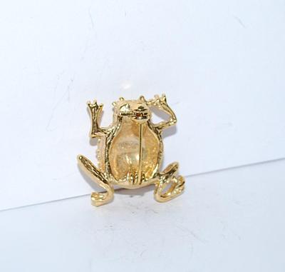Petite GREEN-EYED FROG BROOCH (1" x 1") with Clear Stones Back Accent on a Gold Tone Setting