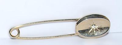"Safety Pin" BROOCH (2⅛" x½") with Single Clear Stone on an Oval Silver Tone Curved Setting
