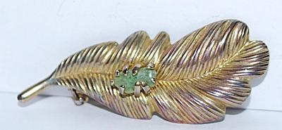 Pronged Quartz-Style Stone LEAF BROOCH (2" x ¾") with Irregular Shaped Green Stone on a Gold Tone Setting