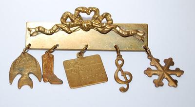 Happy Birthday CHARMS BAR BROOCH (2¼" x 1¼") with Fish, Boot, G Clef, Star and Present on a Gold Tone Setting