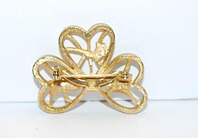 Vintage Gold Colored IRISH ST. PATRICK THEMED BROOCH (1¾" x 1¼") Marked "©B J" - 3 Leaf Clover with Green & White...