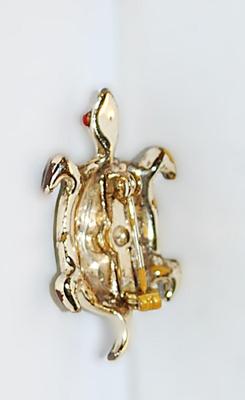 Small GREEN TURTLE BROOCH (1¼" x ¾") with Green Stripes, Red Eyes & Brown Tail on a Gold Tone Setting