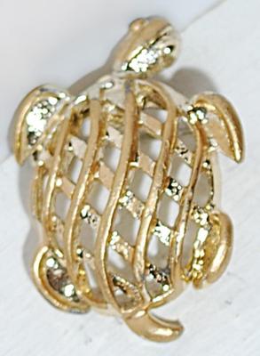 Small GOLD TONE TURTLE BROOCH (1¼" x ¾") with Filigree Style Shell and Silver Tone Pin