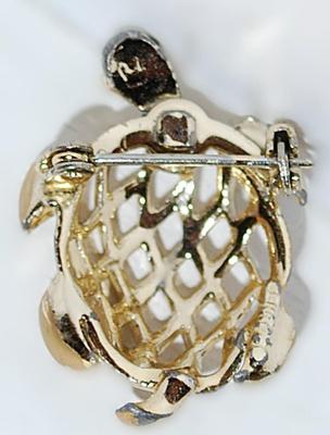 Small GOLD TONE TURTLE BROOCH (1¼" x ¾") with Filigree Style Shell and Silver Tone Pin
