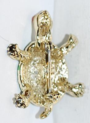 Small Green TURTLE BROOCH (1¼" x ¾") with Solid Green Shell and Red Eyes on a Gold Tone Setting