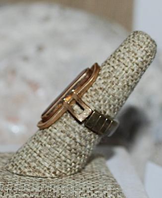 Size 9-13 Long Gold Colored Oval RING with Wooden -Style Insert on an ADJUSTABLE Accordion Band (6.5g)