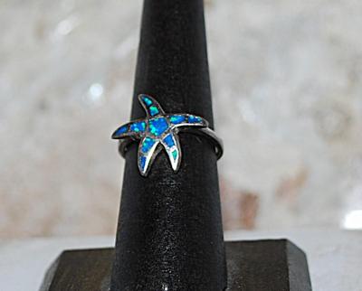 Size 6 Green & Blue Enamel Insert STARFISH RING on a Silver Tone Setting (2.8g)