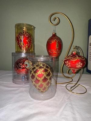 Lot of 5 Red & Gold Handblown Ornaments