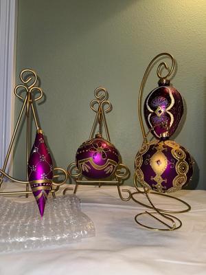 Lot of 4 Handblown Purple and Gold Ornaments