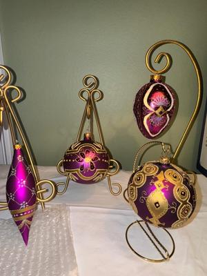 Lot of 4 Handblown Purple and Gold Ornaments