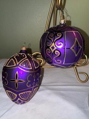 Lot of 4 Handblown Violet Purple & Gold Ornaments