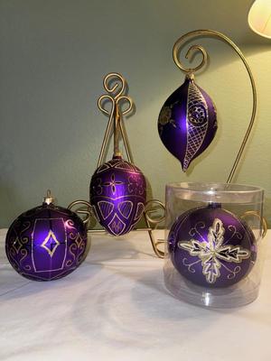 Lot of 4 Handblown Violet Purple & Gold Ornaments