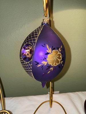 Lot of 4 Handblown Violet Purple & Gold Ornaments