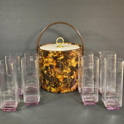 LOT 30K: Vintage Morgan Designs Bucket Brigade Ice Bucket and Set of Luigi Bormioli Light & Music Crystal Highball Cocktail Glasses