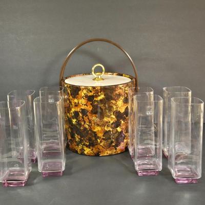 LOT 30K: Vintage Morgan Designs Bucket Brigade Ice Bucket and Set of Luigi Bormioli Light & Music Crystal Highball Cocktail Glasses