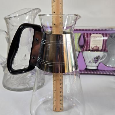 LOT 33K: Antique Vintage Kitsch Original 1950s Tea Bag Sugar Spoon Rests, Glass Metal Coffee Pitcher Carafe Pyrex Silex, Candy Dishes,...