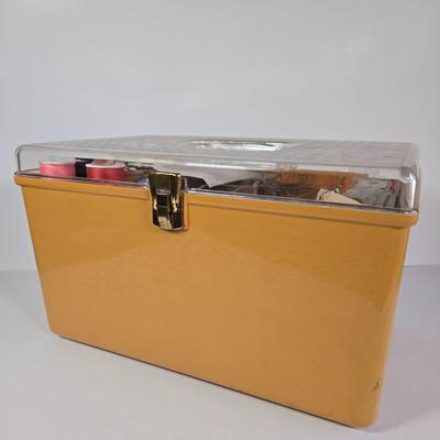 LOT 34K: Vintage Wilson Wil-Hold Harvest Gold Plastic Sewing Box Filled with Sewing Supplies