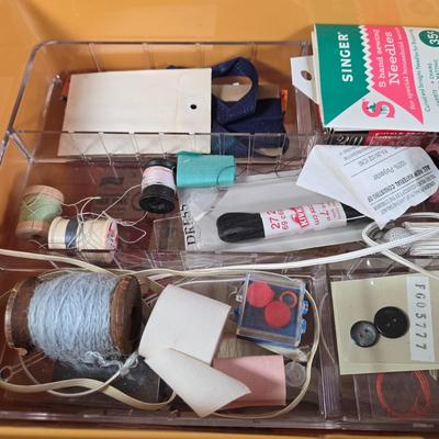 LOT 34K: Vintage Wilson Wil-Hold Harvest Gold Plastic Sewing Box Filled with Sewing Supplies