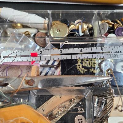 LOT 34K: Vintage Wilson Wil-Hold Harvest Gold Plastic Sewing Box Filled with Sewing Supplies