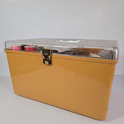 LOT 34K: Vintage Wilson Wil-Hold Harvest Gold Plastic Sewing Box Filled with Sewing Supplies