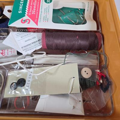 LOT 34K: Vintage Wilson Wil-Hold Harvest Gold Plastic Sewing Box Filled with Sewing Supplies