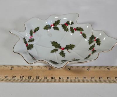 LOT 35K: Limoges France Delicate Porcelain Vintage Leaf Trinket Dish, Vintage Lefton Christmas Holiday Candy/Nut Dish Holly Berries, and...