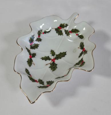LOT 35K: Limoges France Delicate Porcelain Vintage Leaf Trinket Dish, Vintage Lefton Christmas Holiday Candy/Nut Dish Holly Berries, and...