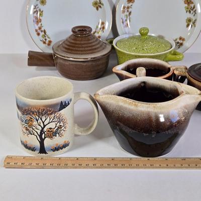 LOT 36K: Otagiri Owl Mug, California Pantry Covered Casserole Bowl, Stone Ware Microwave Cooker, Pfaltzgraff Pieces, Two Royal Domino...